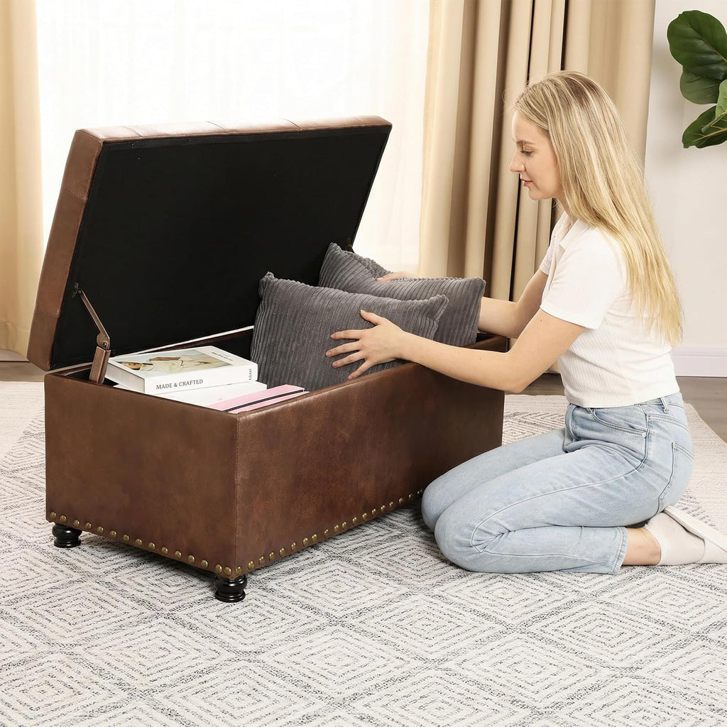 Joveco Storage Ottoman Bench 35" Faux-Leather Rectangular Tufted Ottomans Storage Room Organizer (Caramel)