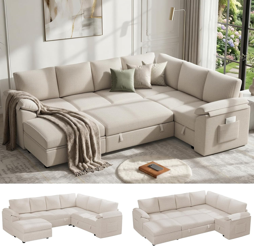 108 Inch Sectional Sleeper Sofa Bed with Pull Out Couch, U Shaped 7 Seat Cloud Modular Sectional Sofa with Storage, Corduroy Sectional Couches for Living Room, Removable Sofa Cover, Beige