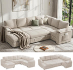 108 Inch Sectional Sleeper Sofa Bed with Pull Out Couch, U Shaped 7 Seat Cloud Modular Sectional Sofa with Storage, Corduroy Sectional Couches for Living Room, Removable Sofa Cover, Beige