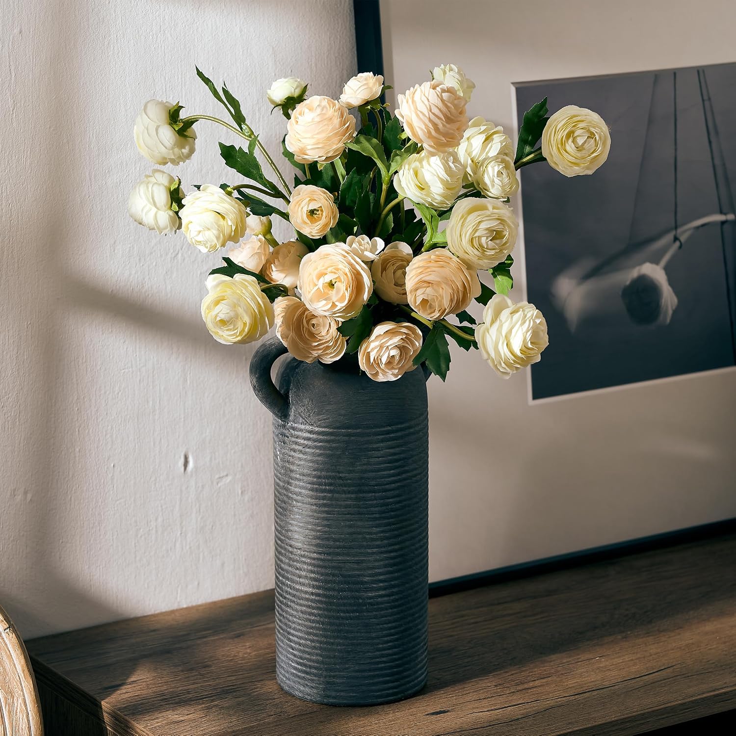 10.16" Tall Ceramic Rustic Vase for Home Decor, Terracotta Vase with Handles, Handcrafted Vintage Decorative Flower Vase for Farmhouse, Living Room, Table, Fireplace, Nightstand- Black Bronze