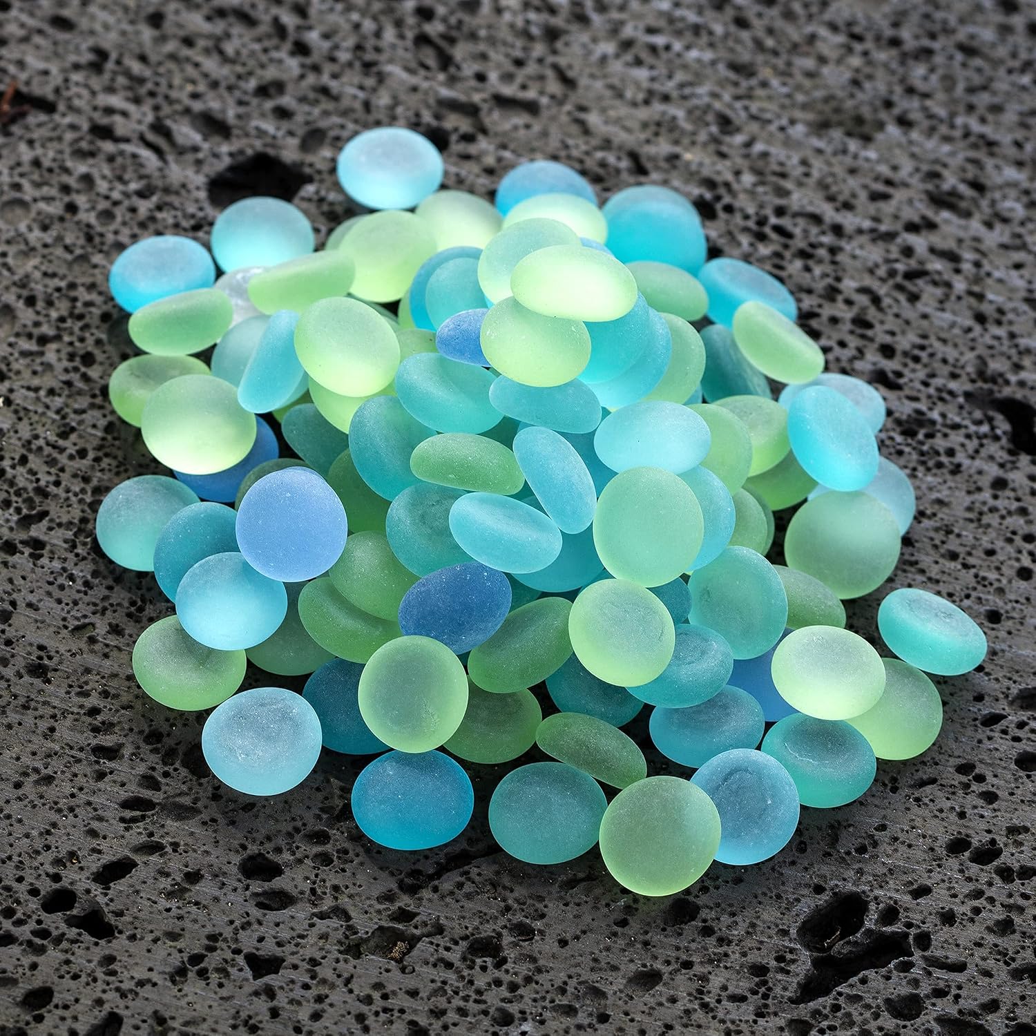 HappyFiller 1 LB Decorative Matted Sea Glass Gems Flat Marbles Gemstones,Weighted Fillers for Flower Vases,Craft Mosaics,Fishbowl Pebbles Stones,Candle Holder,Fountain Beads,Blue Green Mix