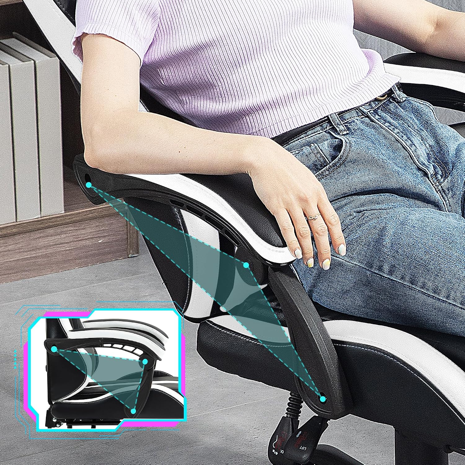 Massage Gaming Chair with Footrest, Ergonomic PU Leather Computer Chair w/Headrest and Lumbar, Height Adjustable, 360° Swivel Desk Office Chair, White