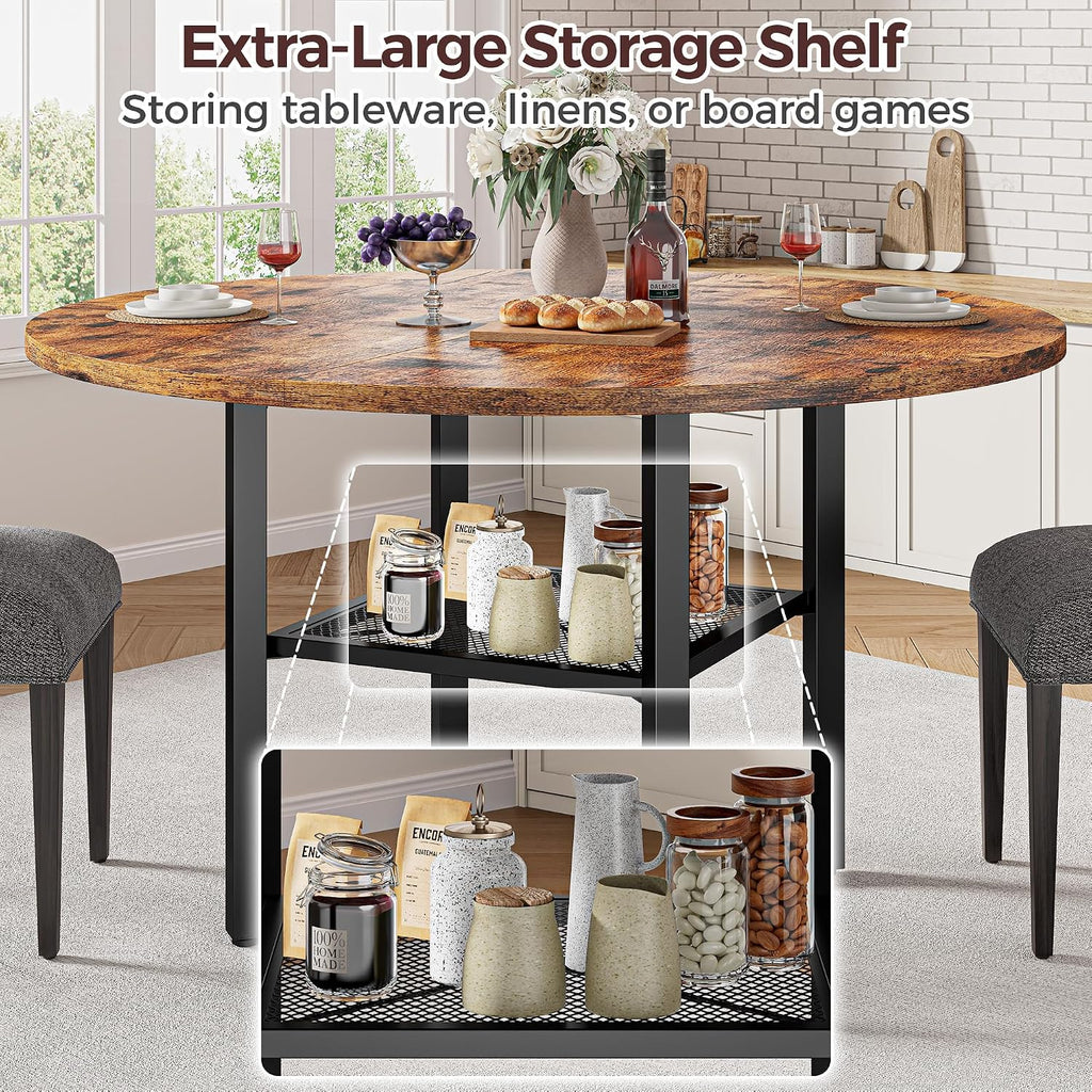 IRONCK Round Dining Table Set for 4, Dining Room Table Set with 4 Chairs, 47.2'' Dinner Table with Wooden Tabletop and Metal Base, 5-Piece Kitchen Table and Chairs, Rustic Brown