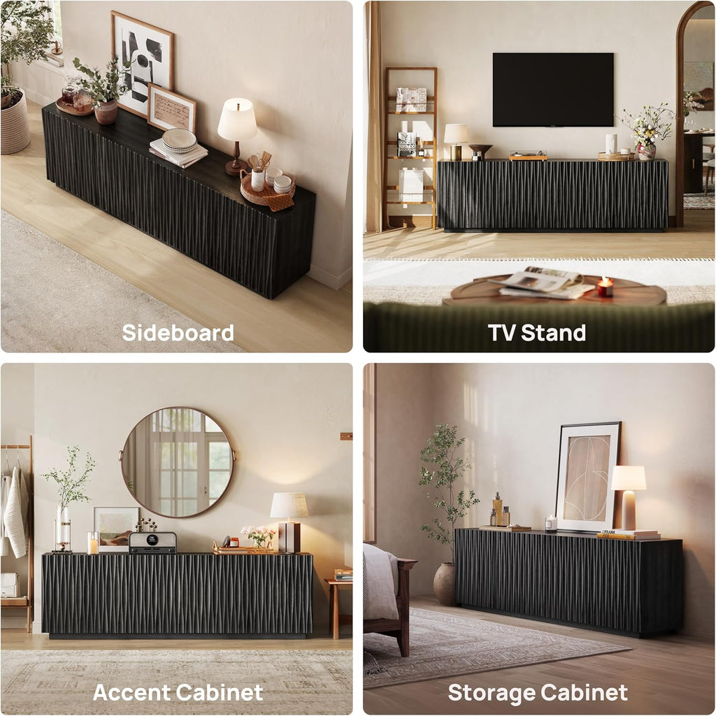 CHIC HOUSE 70" Fluted Mid Century Modern Buffet Cabinet with Storage, Farmhouse Storage Sideboard Cabinet with Doors, Accent Cabinet & Media Console for Living Room, Entryway, Black Walnut