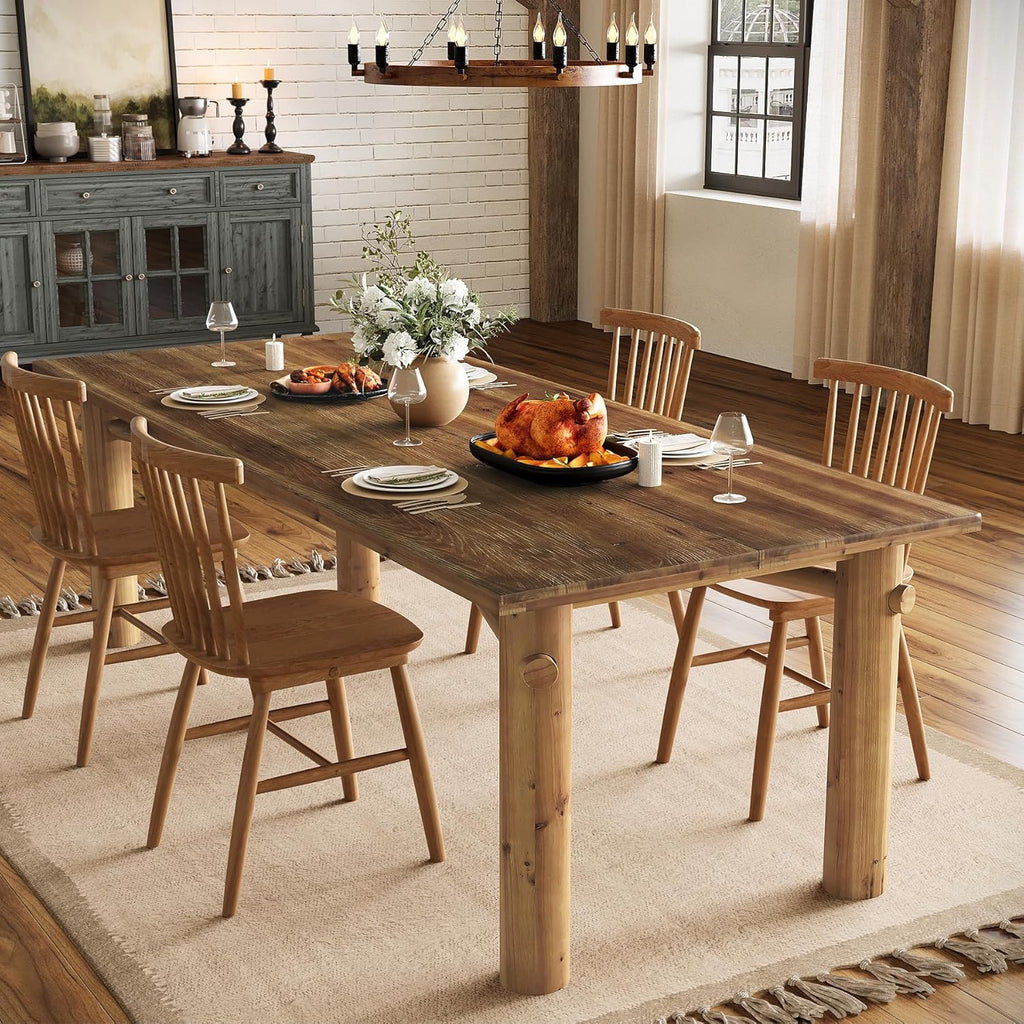 Solid Wood Dining Table for 6, 63-Inch Wooden Kitchen Table with Strong Legs, Farmhouse Rectangle Dinner Table for Dining Room, Living Room