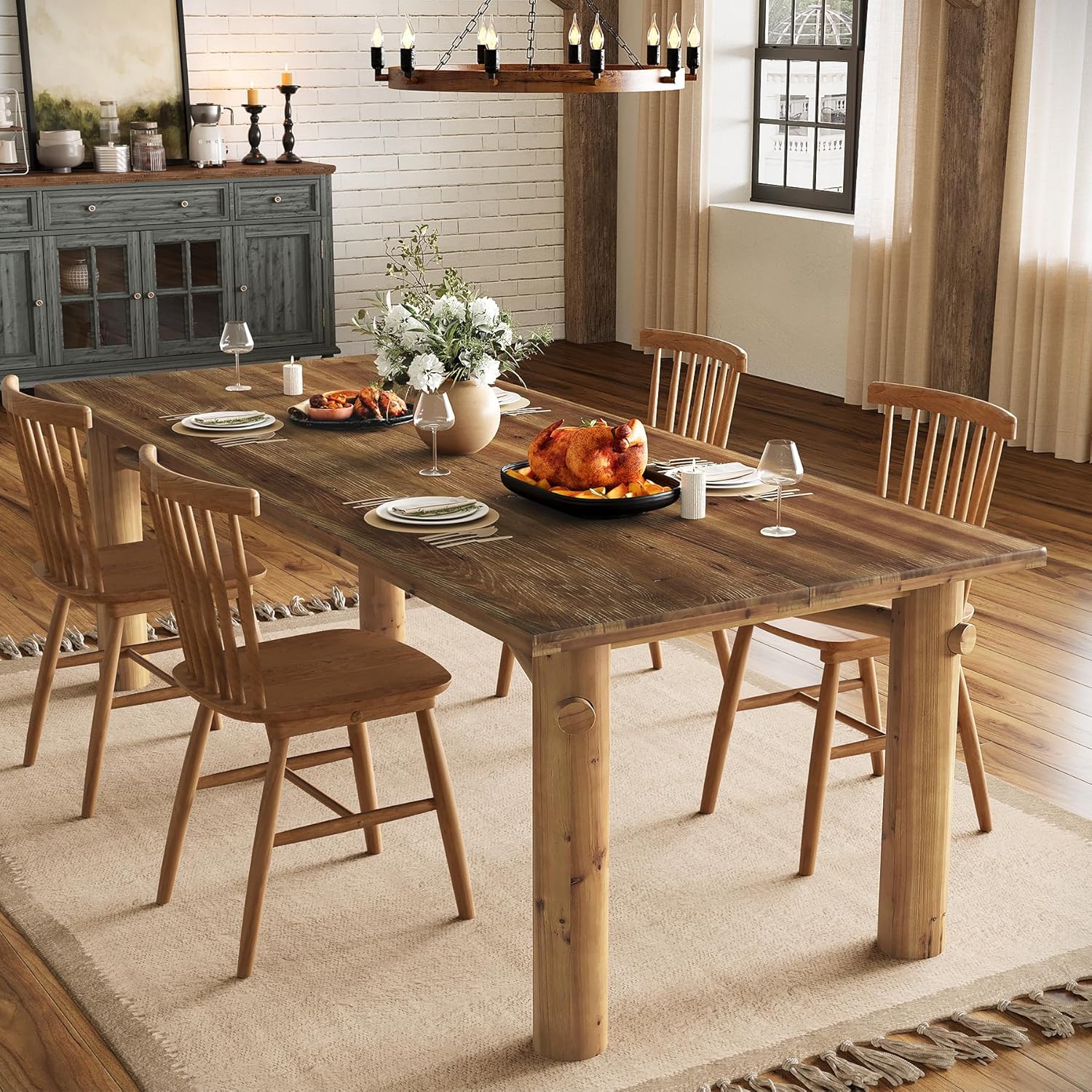 Solid Wood Dining Table for 6, 63-Inch Wooden Kitchen Table with Strong Legs, Farmhouse Rectangle Dinner Table for Dining Room, Living Room