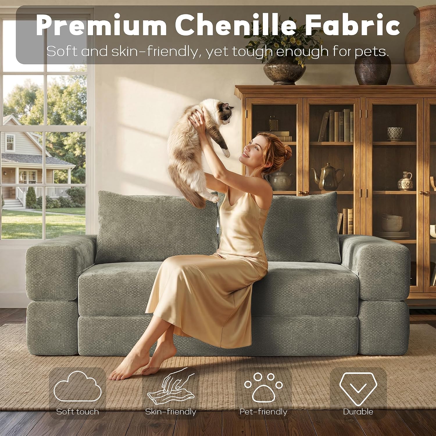 75'' Folding Convertible Sofa Bed with Large Pillow, 4-in-1 Foldable Pull Out Futon Sofa Bed, Chenille Boneless Mattress Couch, No Assembly Floor Sleeper Sofa Bed for Living Room/Bedroom, Light Brown