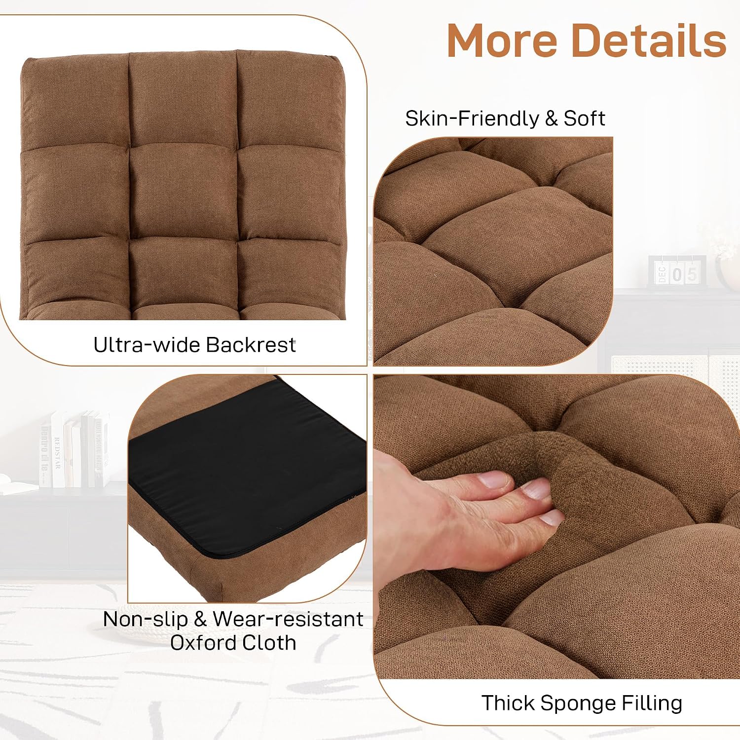 Floor Chair with Back Support Folding Chair with Adjustable Position, Padded Sleeper Bed, Floor Gaming Chair, Meditation Chair, Gaming Floor Chairs for Adults (Tan)