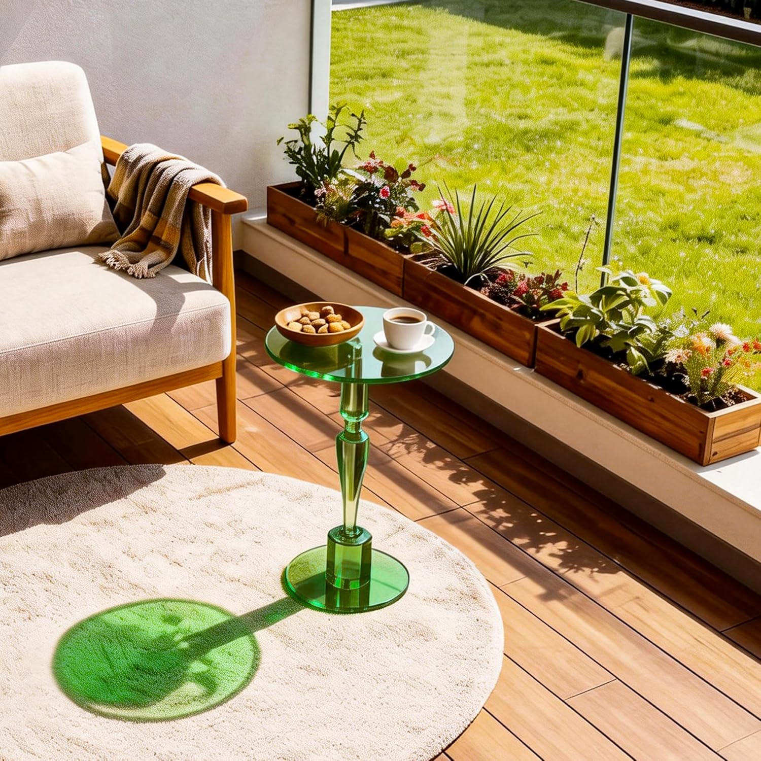 Acrylic Round Side Table, End Table Nightstand Pedestal Table for Living Room, Bedroom, Balcony (Green, 15.7“×15.7”×21.7“)