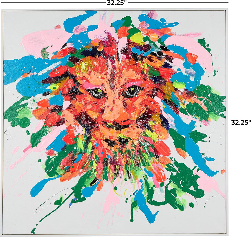 Deco 79 CosmoLiving by Cosmopolitan Canvas Lion Abstract Paint Splatter Wall Art with White Frame, 32" x 2" x 32", Multi Colored