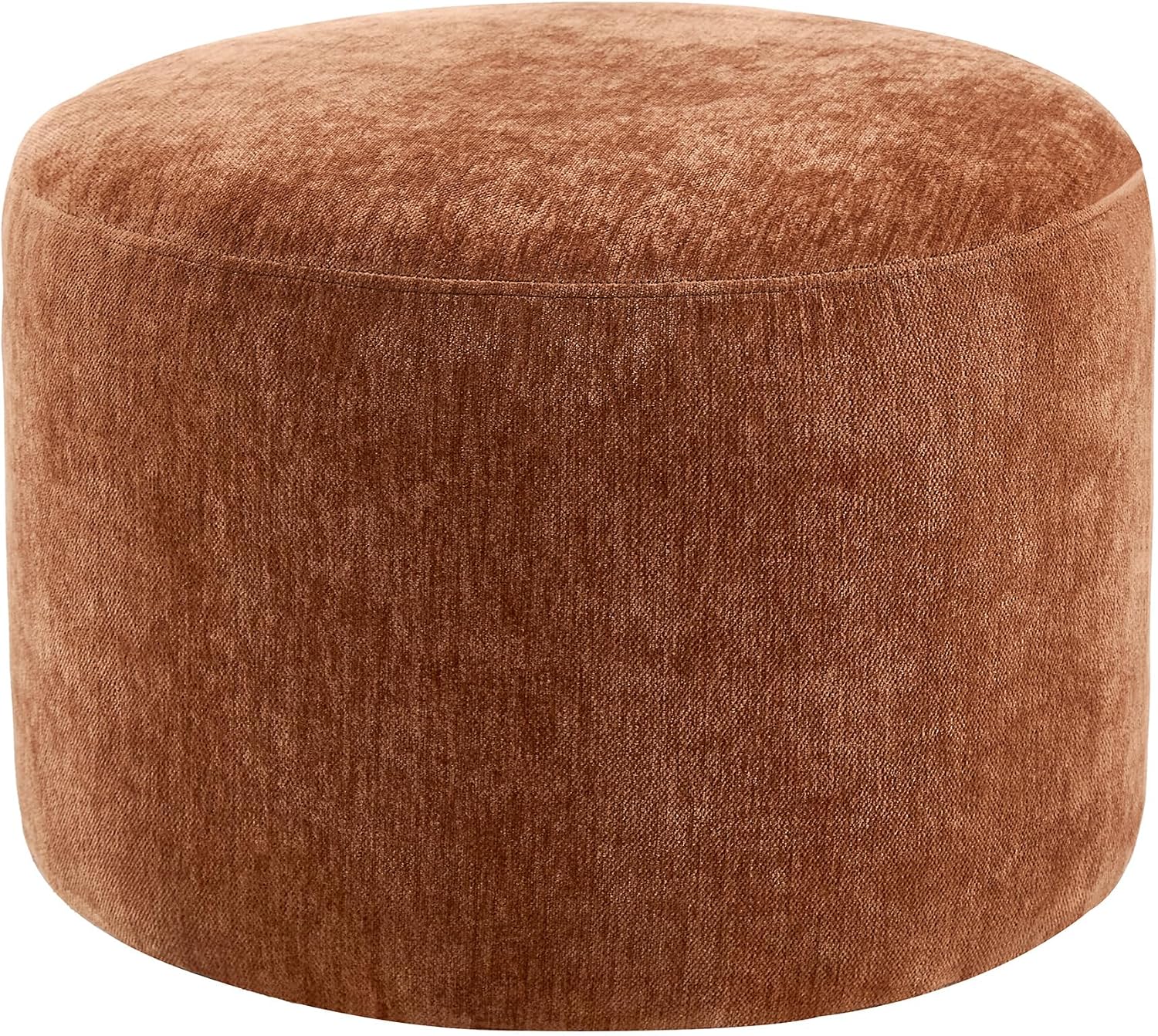 Upholstered Round Ottoman, Modern Small Footstool with Soft Padded Seat & Solid Wood Frame, Multifunctional Vanity Stool Accent Seat for Living Room, Bedroom, Entryway, Orange-Brown Chenille