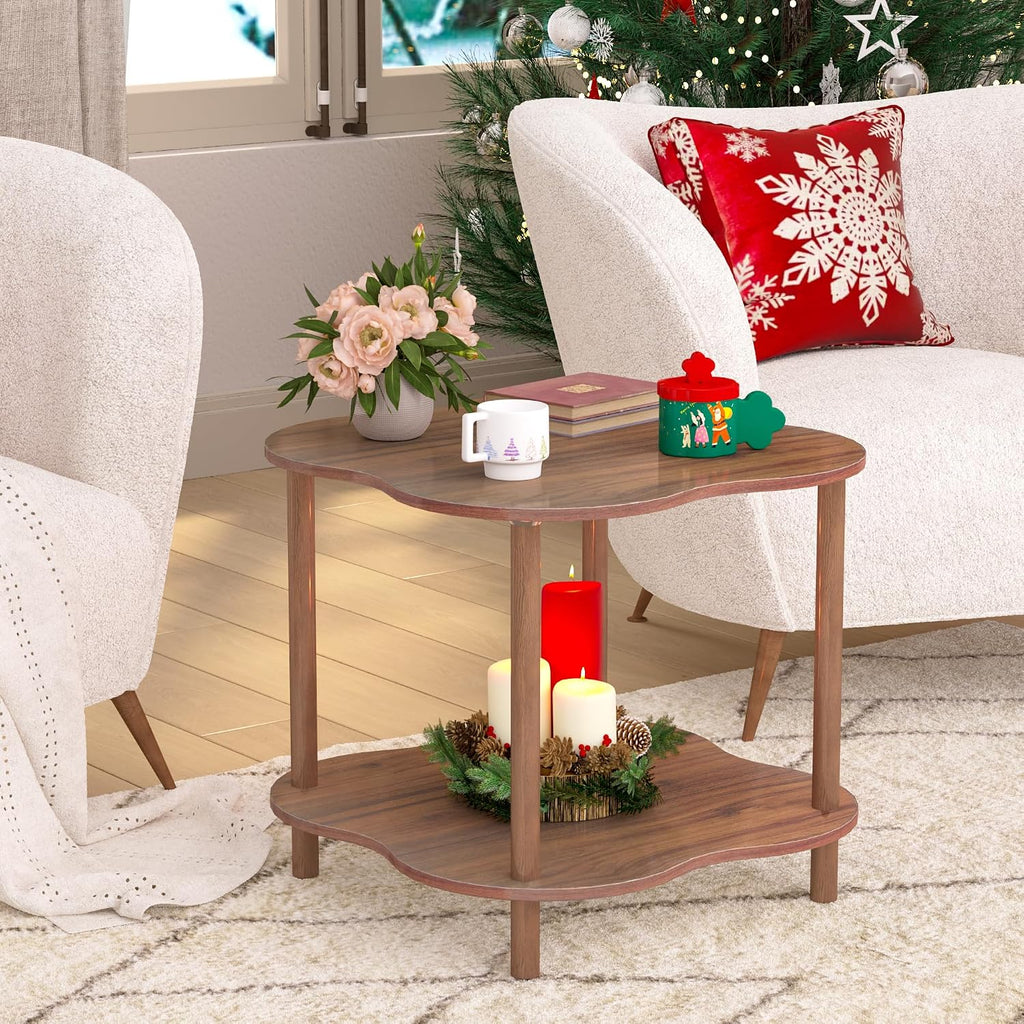 Flower Shape End Table - 2-Tier Walnut Wood Color Coffee Tables, Modern Wooden Sofa Side Table Open Storage, Easy Assembly Tea Table for Living Room Home Cafe, 23.6’’W x23.6’’Dx20.9’’H