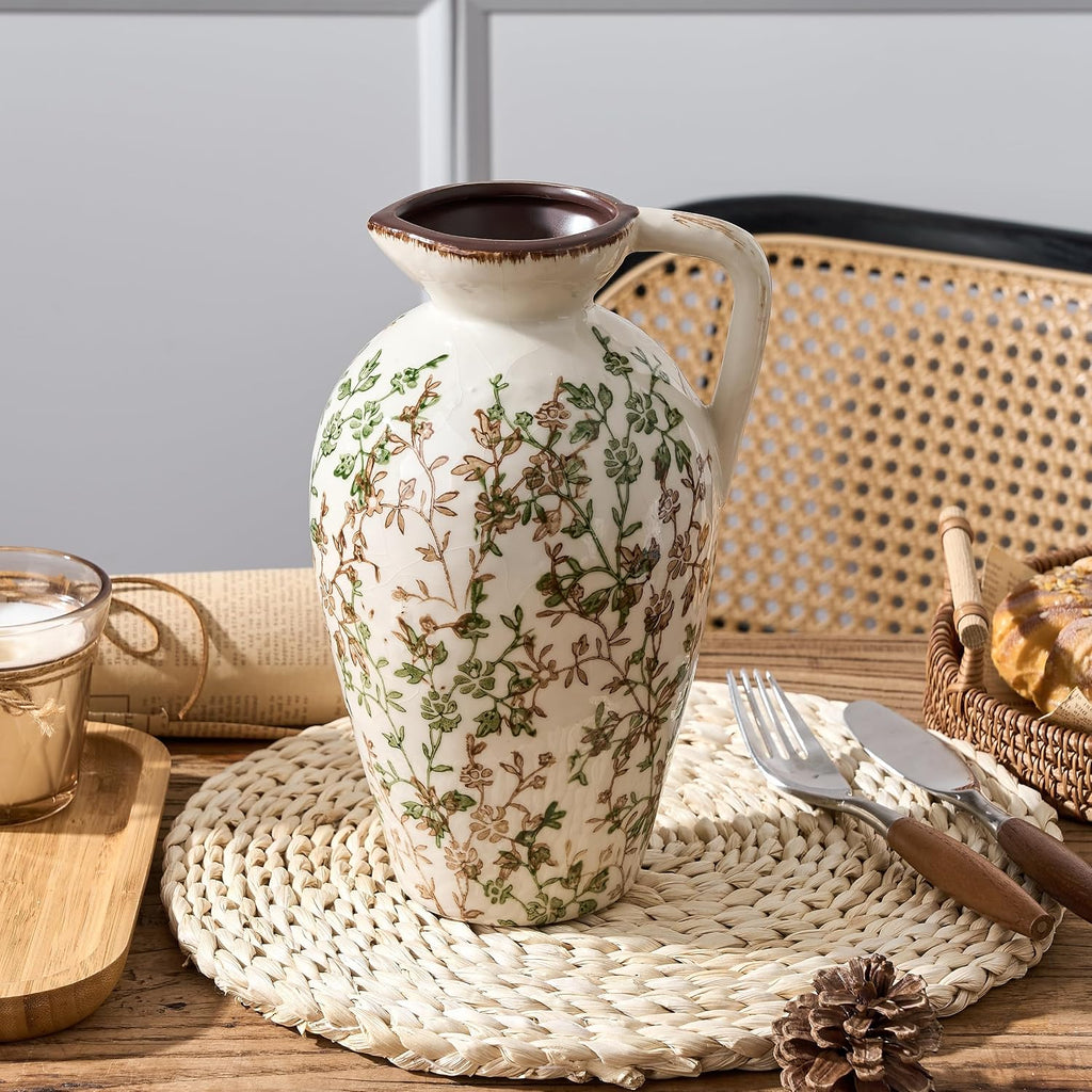 Green and Beige Antique Vase, 8.9 Inch Vintage Chinoiserie Floral Vase, Rustic Ceramic Vase for Home Decor, Living Room, Bookshelf, Office, Entryway, Garden, Chinoiserie Decor, Tuscan Decor