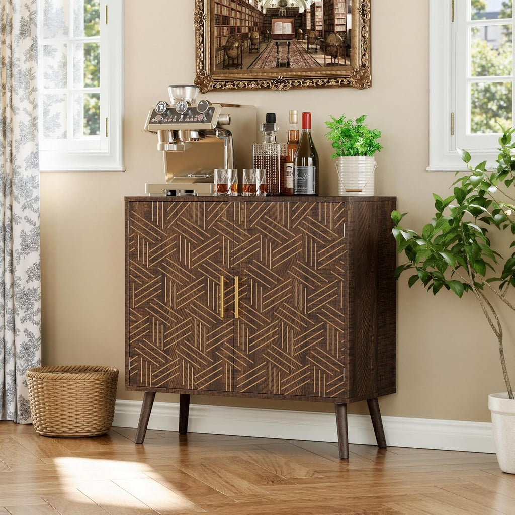 Sideboard Buffet Cabinet with Storage, Elegant Wood Accent Cabinet with Line Groove Design, Freestanding Storage Cabinet with Adjustable Shelves for Living Room, Kitchen, Entryway, Walnut
