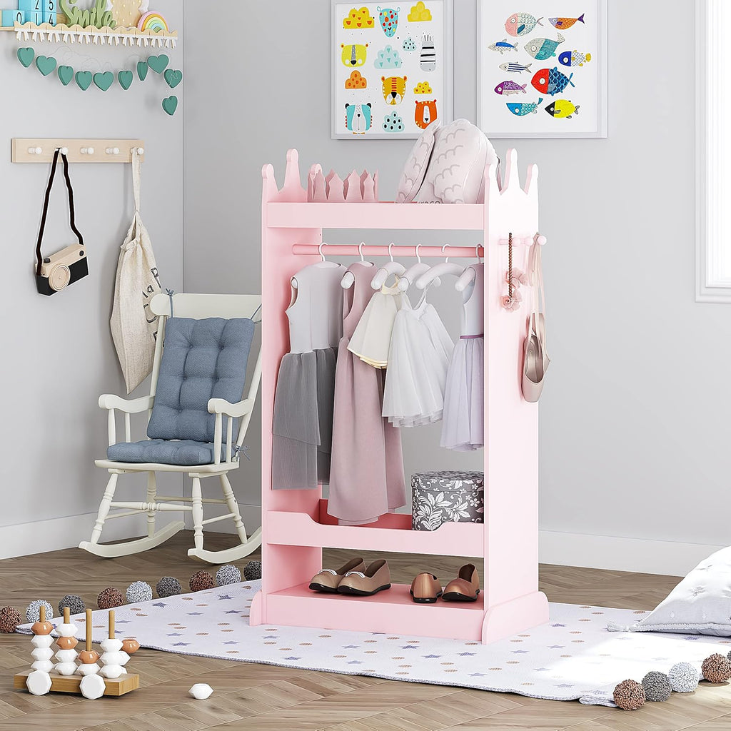 UTEX Kids Dress up Storage with Crown-Shaped Top and Mirror | Open Hanging Armoire Closet, Kids Wardrobe Closet, Water-based Paint