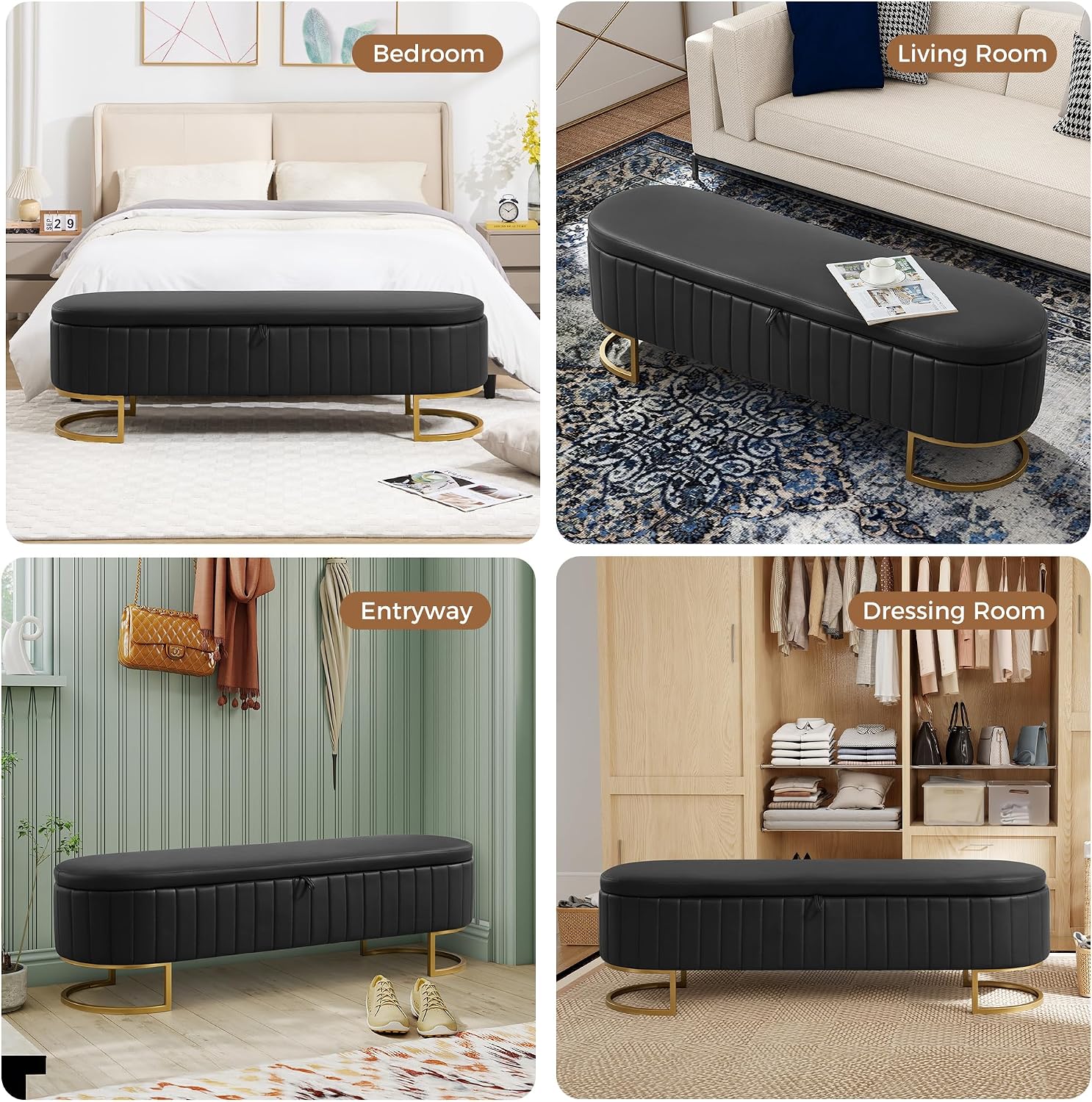 Storage Ottoman Bench, 63" Faux Leather End of Bed Bench Bedroom Bench King Size with Golden Metal Legs, Upholstered Storage Bench for Bedroom Living Room Entryway and Window, Black