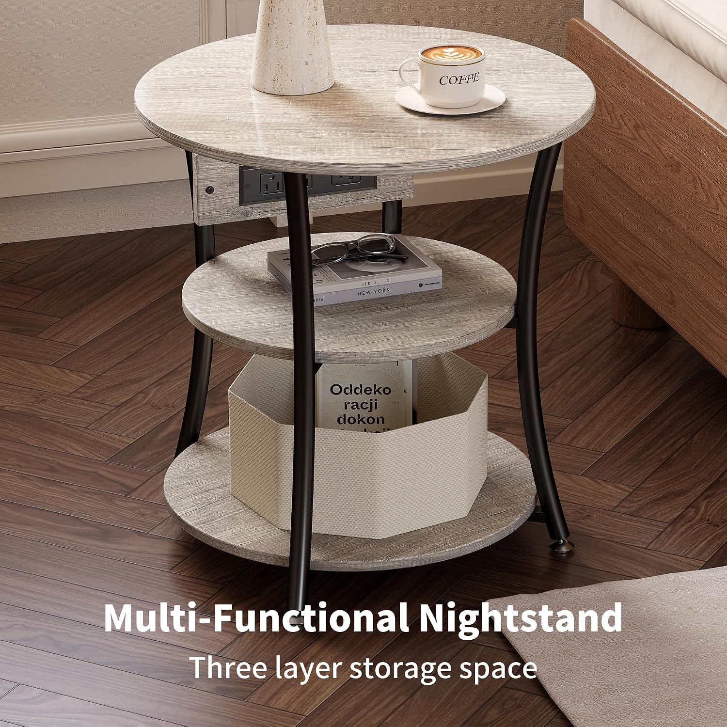 Side Table with Charging Station, End Nightstand with USB Ports and Outlet，3-Tier End Tables Living Room，for Living Room, Bedroom, Corners, and Office (Grey)