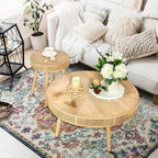 RUSTOWN 2-Piece Farmhouse Coffee Table, Modern Rustic Sofa Side Tea Tables, Solid Wood Finish with Crafted Rattan Side and End Table Sets for Living Room (Natural)
