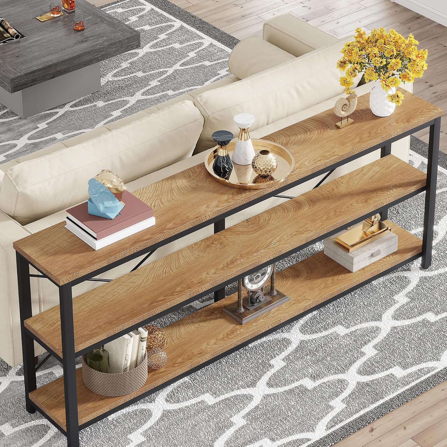 Tribesigns 71" Sofa Tables,Extra Long Couch Table, Narrow Long Console Table, Entryway Table,Sofa Table with 3 Tiers Storage Shelves (Light Brown)