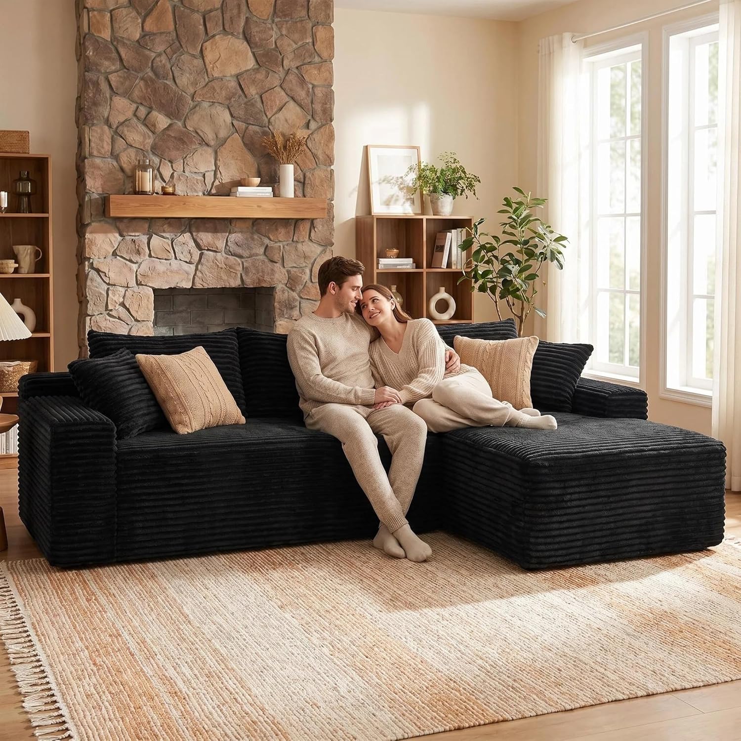 95" L-Shaped Cloud Sectional Couch, Right Facing Modular Compressed Boneless Sectional Sofa with Chaise Lounge, Plush Corduroy Boneless Corner Sofa for Living Room