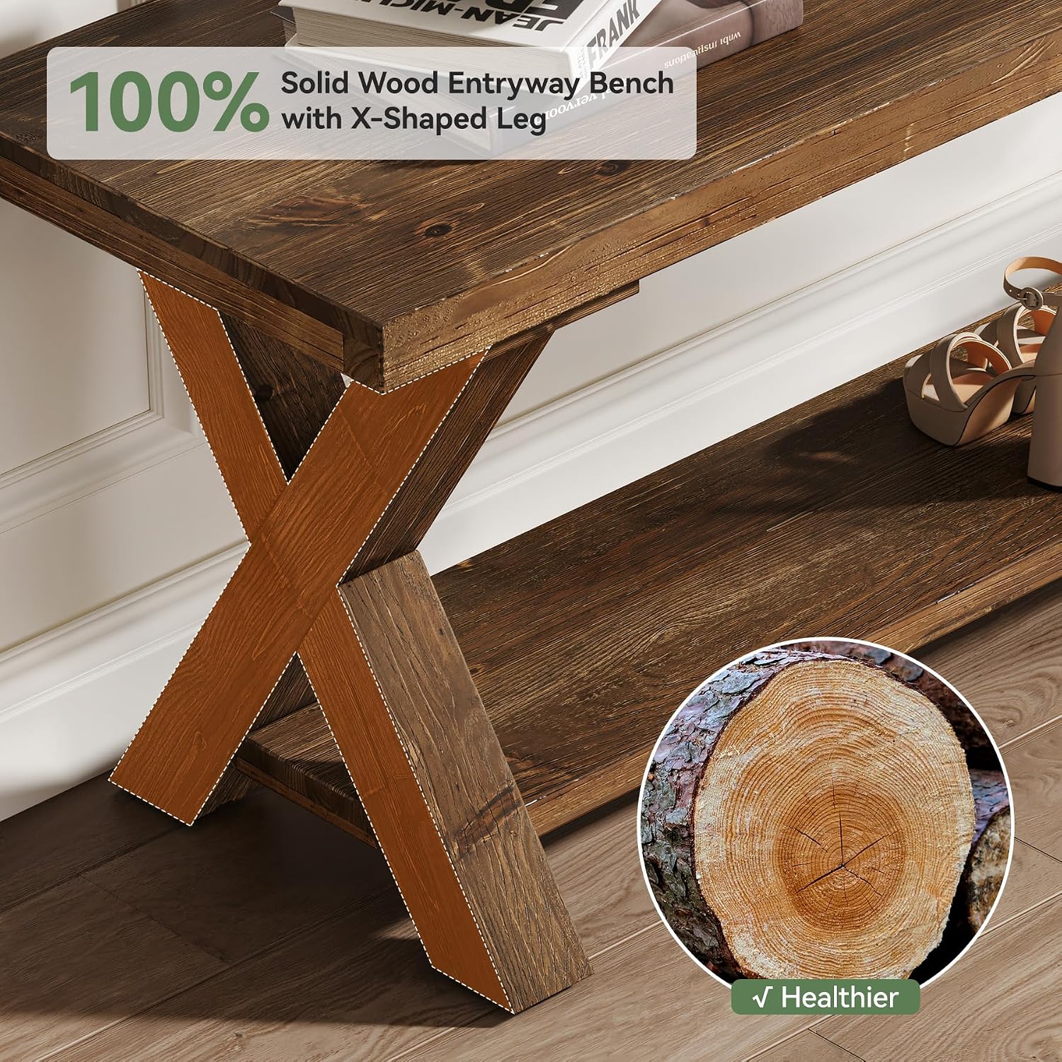 43.3" Solid Wood Bench, Farmhouse Wooden Entryway Bench with Storage Shelf, X-Shaped Leg Design, Entry Way Shoe Benches Seat for Hallway, Kitchen, Bedroom, Living Room