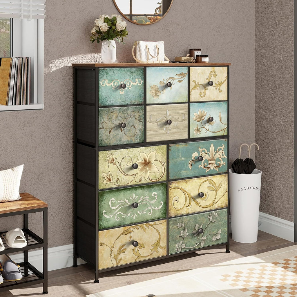 Tohomeor Dresser with Drawers for Bedroom Chest of Drawers Fabric Dresser for Closet,Nursery Entryway Hall Tree TV Stand for Living Room Retro Floral Pattern Drawers Wooden Top (12 Drawers)