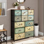 Tohomeor Dresser with Drawers for Bedroom Chest of Drawers Fabric Dresser for Closet,Nursery Entryway Hall Tree TV Stand for Living Room Retro Floral Pattern Drawers Wooden Top (12 Drawers)