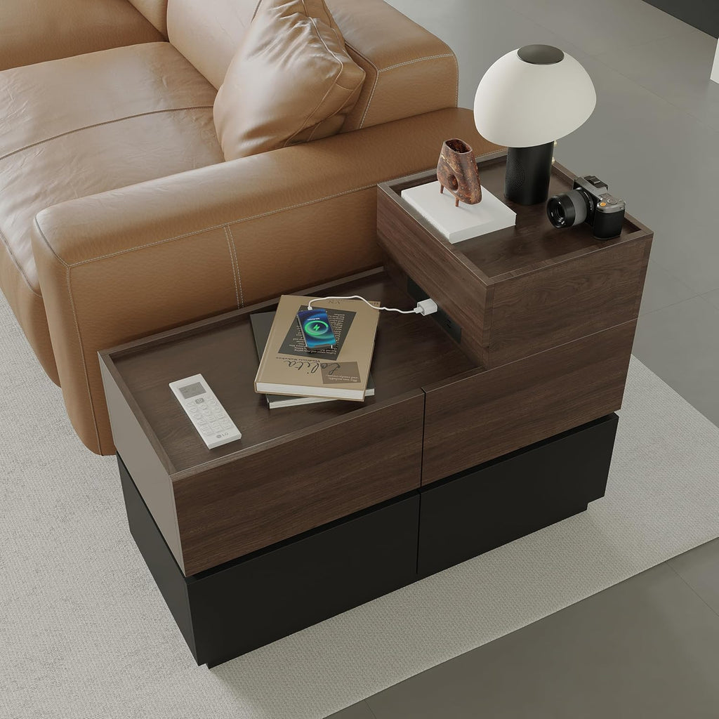 Modern Sofa Side Cabinet, Side Table with USB Interface and Power Outlet, Walnut Wood Living Room Bedroom Side Cabinet Modern Bedside Table with Charging Station for Living Room, Bedroom