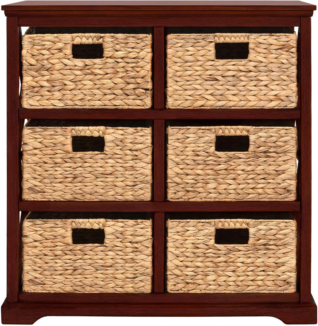 eHemco Hampton Meadows 3 Tier X-Side End Storage Cabinet with 6 Wicker Baskets, Cherry