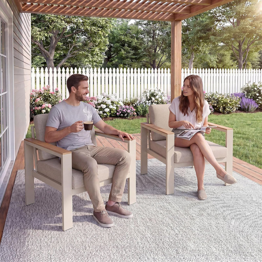 2PC Single Seat Aluminum Patio Chairs, Outdoor Furniture with 1.5mm Thick Powder-Coated Frame, Water Repellent Removable Cushions, Lightweight Single Chairs for Balcony Porch Backyard