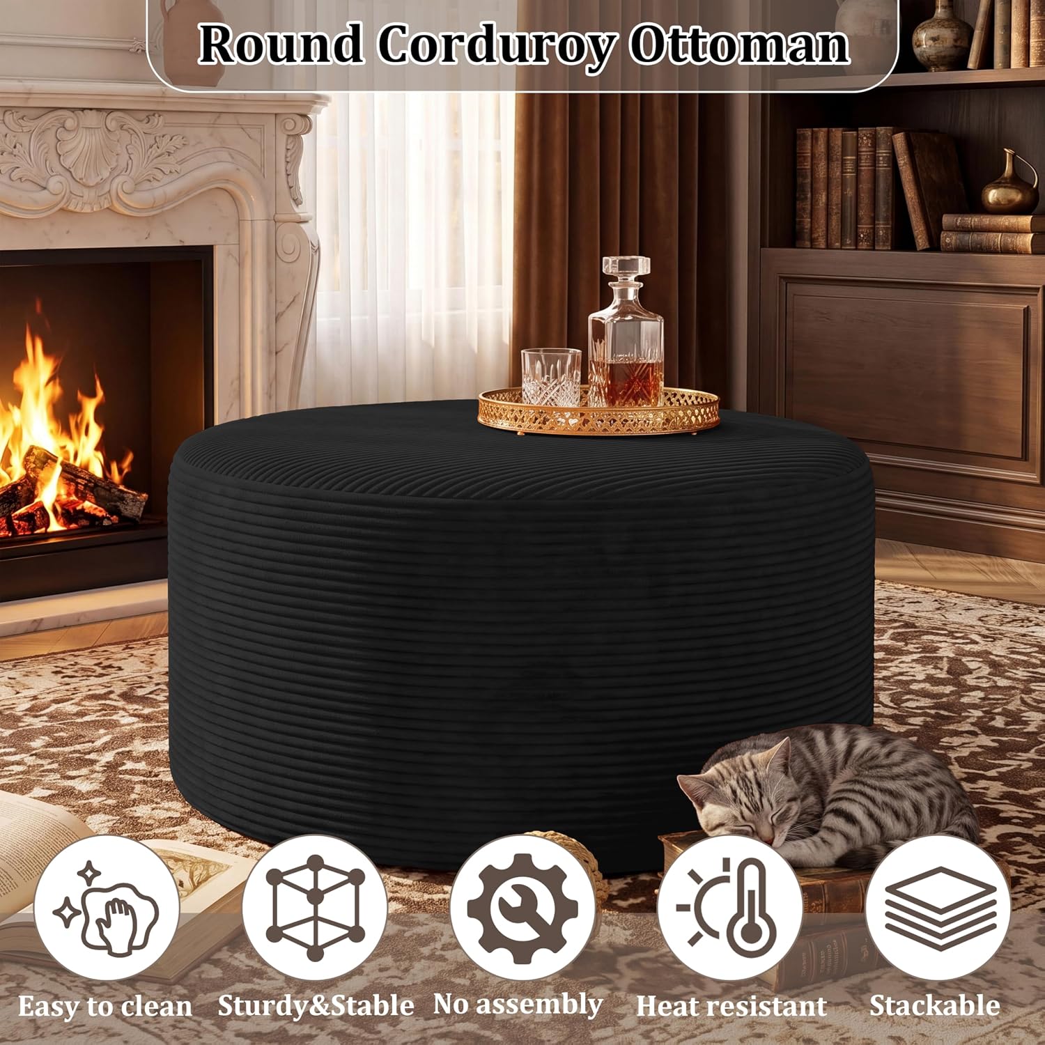 BSHOMGI Round Coffee Table Ottoman for Corduroy Cloud Sectional Couches in a Box Memory Foam Compressed Pouf Footstool Rest for Living Room, Bedroom, Makeup Room No Assembly Require(Black, 27.6")