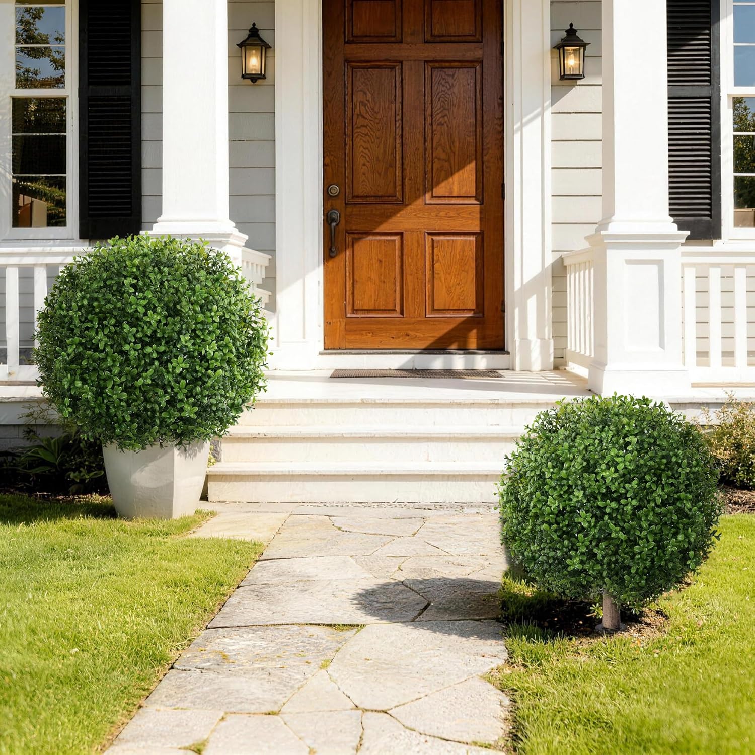 Artificial Boxwood Topiary Ball Trees for Outdoor Set of 2 Fake Plant Bushes with Ground Spike UV Resistant Faux Shrubs for Garden Front Porch, Green