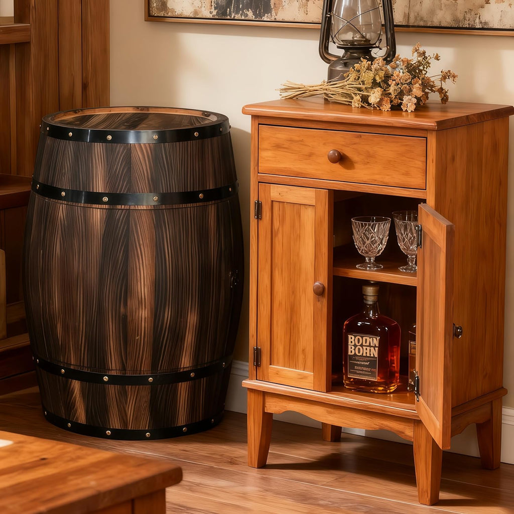 Vintage Whiskey Barrel End Table with 2-Tier Shelf - Reclaimed Wood Rustic Wine Barrel Cabinet with Metal Hoops, 27.56" Antique Furniture for Man Cave, Home Bar & Farmhouse Living Room