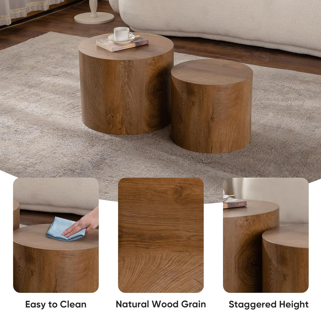 Nesting Round Coffee Table Set of 2, Accent End Table for Small Spaces, Morden Drum Side Table, Wooden Circle Center Table for Living Room, Fully Assembled - Light Walnut