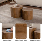 Nesting Round Coffee Table Set of 2, Accent End Table for Small Spaces, Morden Drum Side Table, Wooden Circle Center Table for Living Room, Fully Assembled - Light Walnut