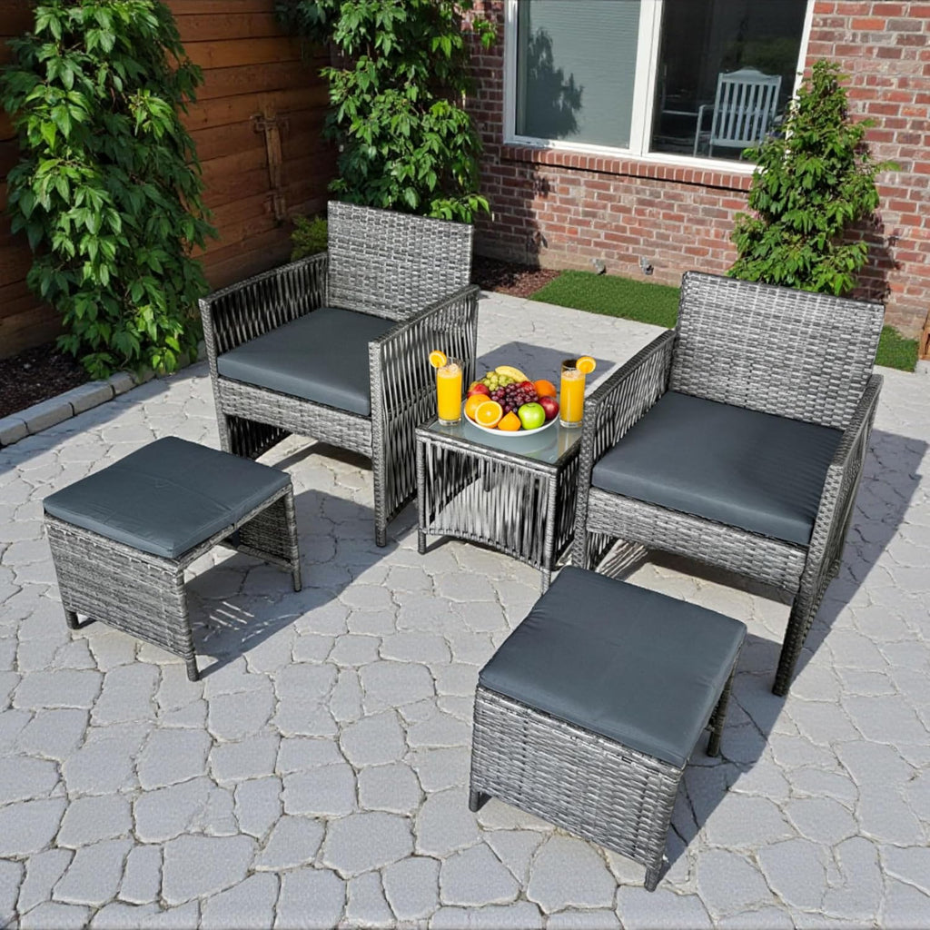 GIANGSUNNY Set of 2 Outdoor Wicker Ottomans, Patio Footstools with Cushions, Multipurpose Rattan Ottomans for Seating or Footrest, Balcony & Deck (Grey)
