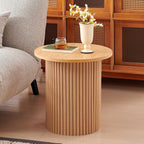Homedot Small Round Accent Side Table with Wood Strip Base for Living Room, 19.69" Cicle End Table Engineered Wood Desktop Solid Oak Veneer Furnish, Modern Nightstand Table for Bedroom