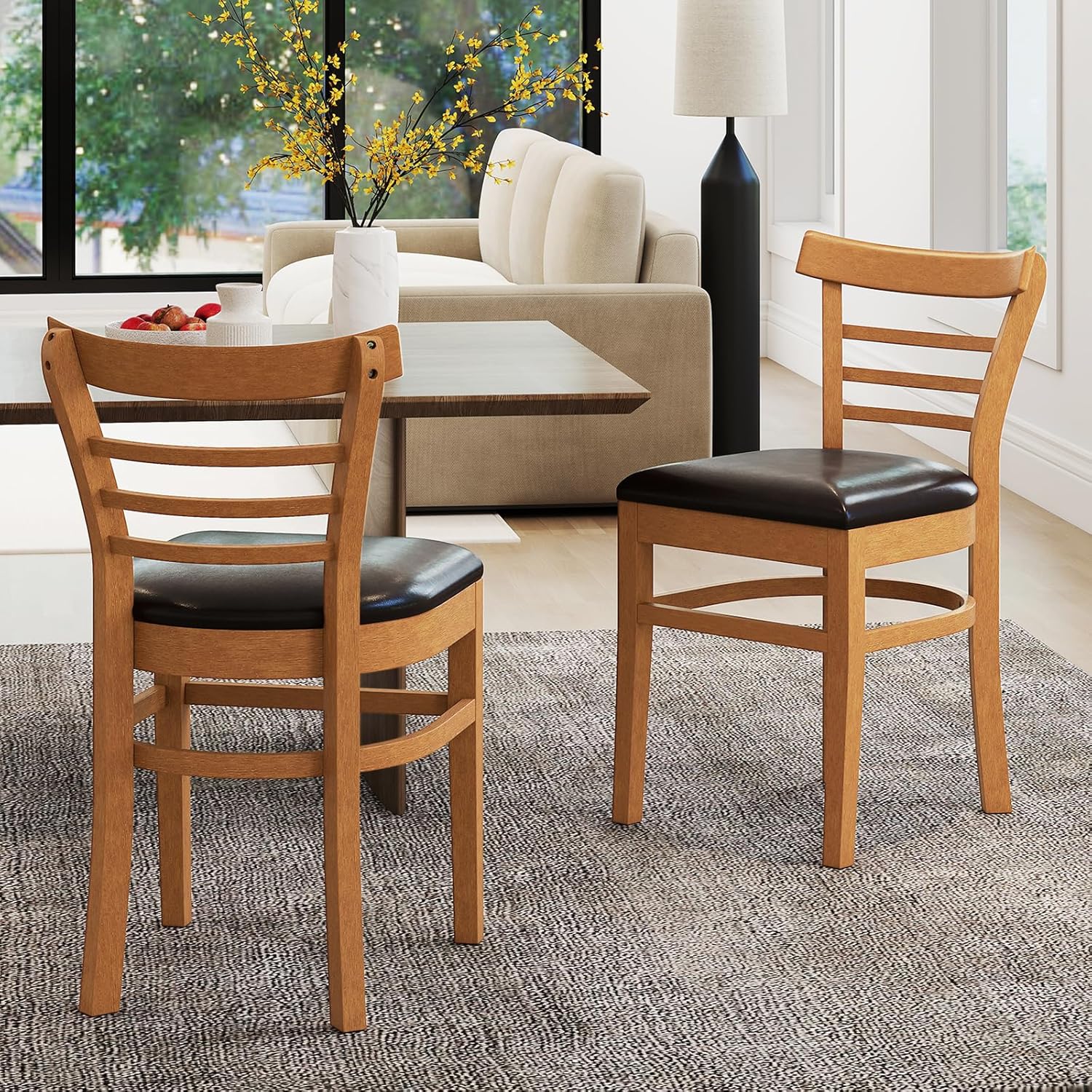 KOTEK Wooden Dining Chairs Set of 2, Solid Rubber Wood Kitchen Chairs with PU Leather Cushioned Seat and Curved Backrest, Armless Side Chairs for Dining Room, Living Room (Brown & Black)