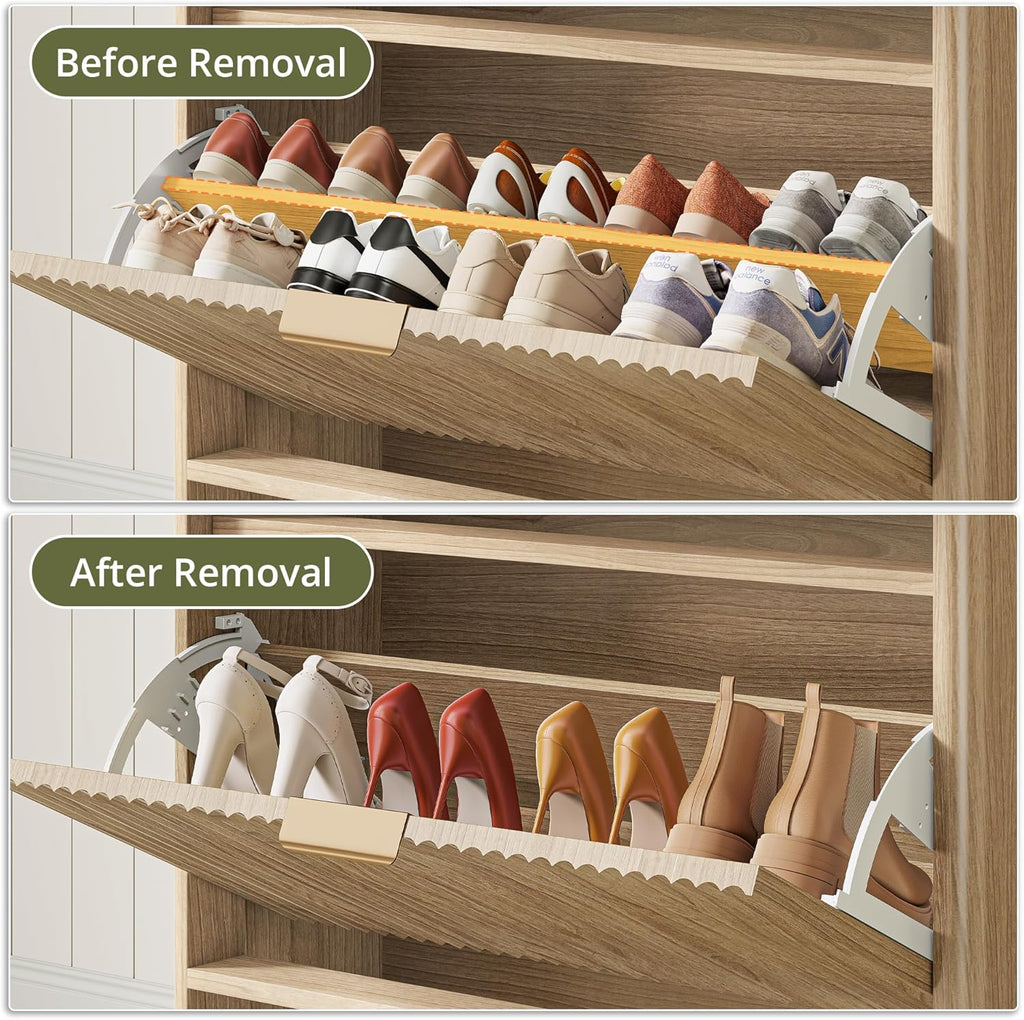 IRONCK Fluted Shoe Storage Cabinet for Entryway with 2 Flip Drawers, Adjustable Shelves & Open Shelf, Narrow Wood Shoe Rack Cabinet, Freestanding Slim Shoe Organizer Cabinet, Oak