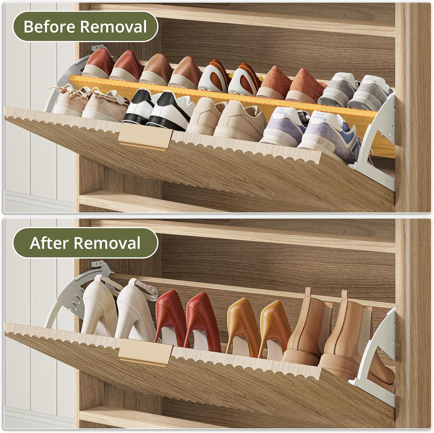 IRONCK Fluted Shoe Storage Cabinet for Entryway with 2 Flip Drawers, Adjustable Shelves & Open Shelf, Narrow Wood Shoe Rack Cabinet, Freestanding Slim Shoe Organizer Cabinet, Oak