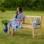 Sunnydaze 2-Person Outdoor Bench for Front Porch or Park - Wooden Teak Patio Garden Bench with Backrest - 675 lb Weight Capacity - Crossback