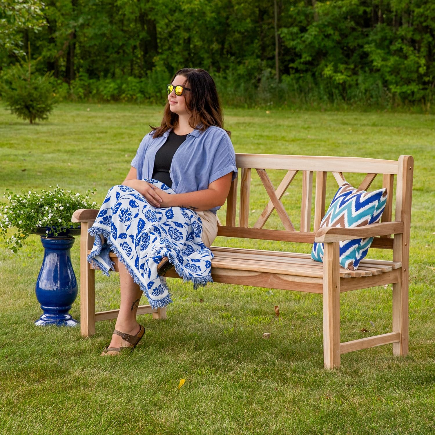Sunnydaze 2-Person Outdoor Bench for Front Porch or Park - Wooden Teak Patio Garden Bench with Backrest - 675 lb Weight Capacity - Crossback