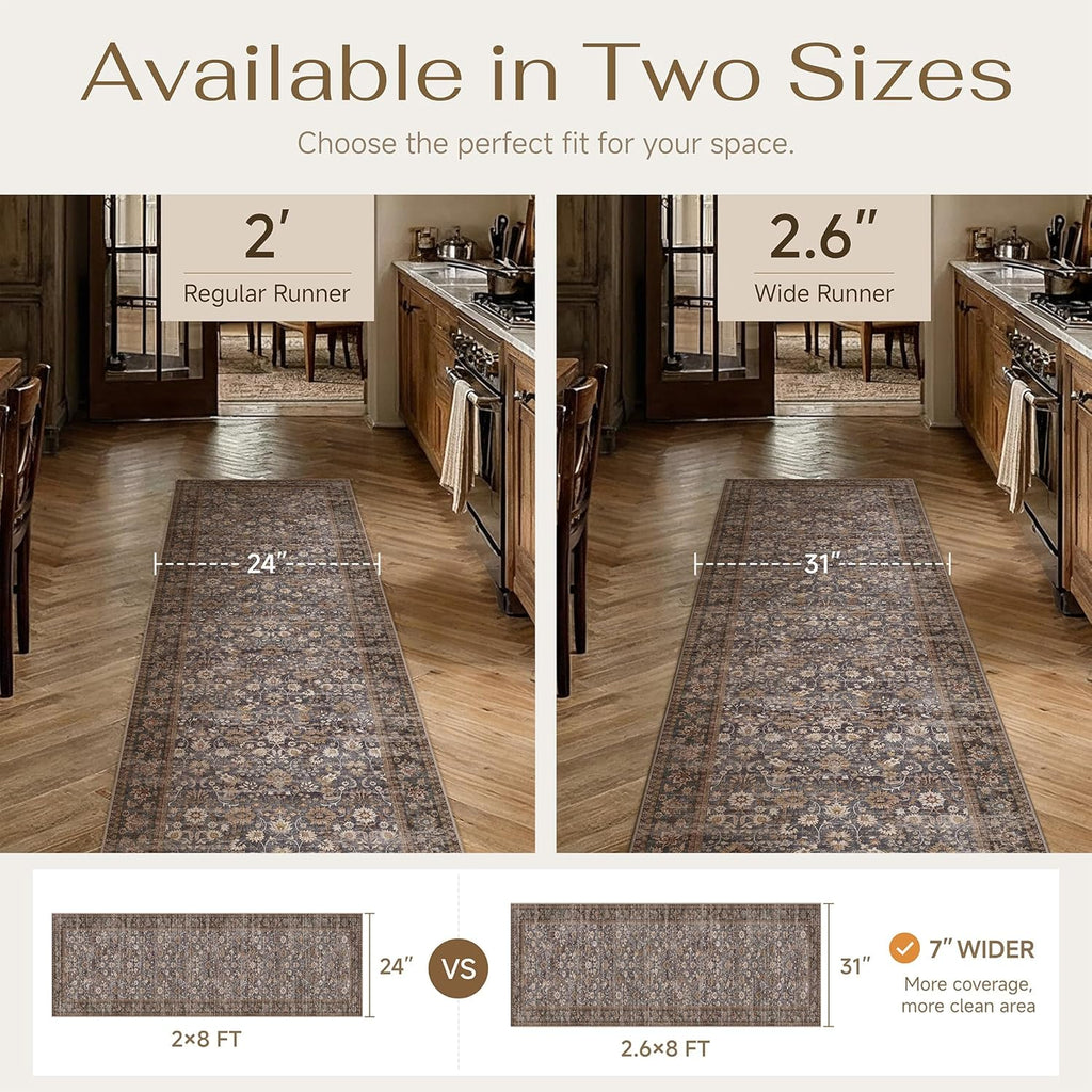 HUGEAR 2x6 Runner Rug Machine Washable Tradition Brown Hallway Area Rugs Indoor Accent Rugs Floral Low Pile Carpet Distressed Throw Rug Bedroom Living Room Office Dining Kitchen Laundry Non Slip