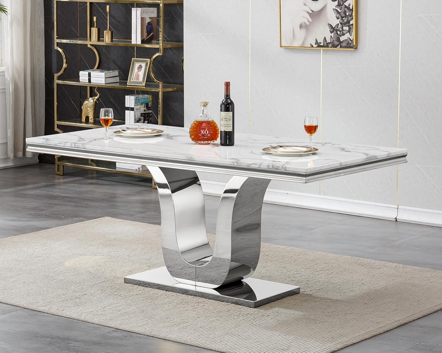 SSLine Modern White Marble Dining Table for 6-8 Rectangle 68" Faux Marble Kitchen Table for 6 Luxury Dining Room Tables with Silver Mirrored Stainless Steel U-Shape Pedestal Base for Home Office