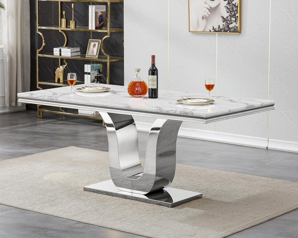 Faux Marble Dining Table for 4 to 6, 68 inch Luxury Dining Room Table with White Faux Marble Top & Silver Stainless Steel U Base, Modern Rectangle Dinner Table for Kitchen Living Dining Room Apartment