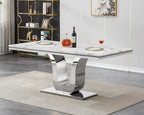 Faux Marble Dining Table for 4 to 6, 68 inch Luxury Dining Room Table with White Faux Marble Top & Silver Stainless Steel U Base, Modern Rectangle Dinner Table for Kitchen Living Dining Room Apartment