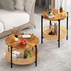 AWQM 3 Pieces Coffee Table Set for Living Room, 2 Tier Round Rattan Coffee End Side Table, Boho Living Room Table Set with Metal Frame for Bedroom Office