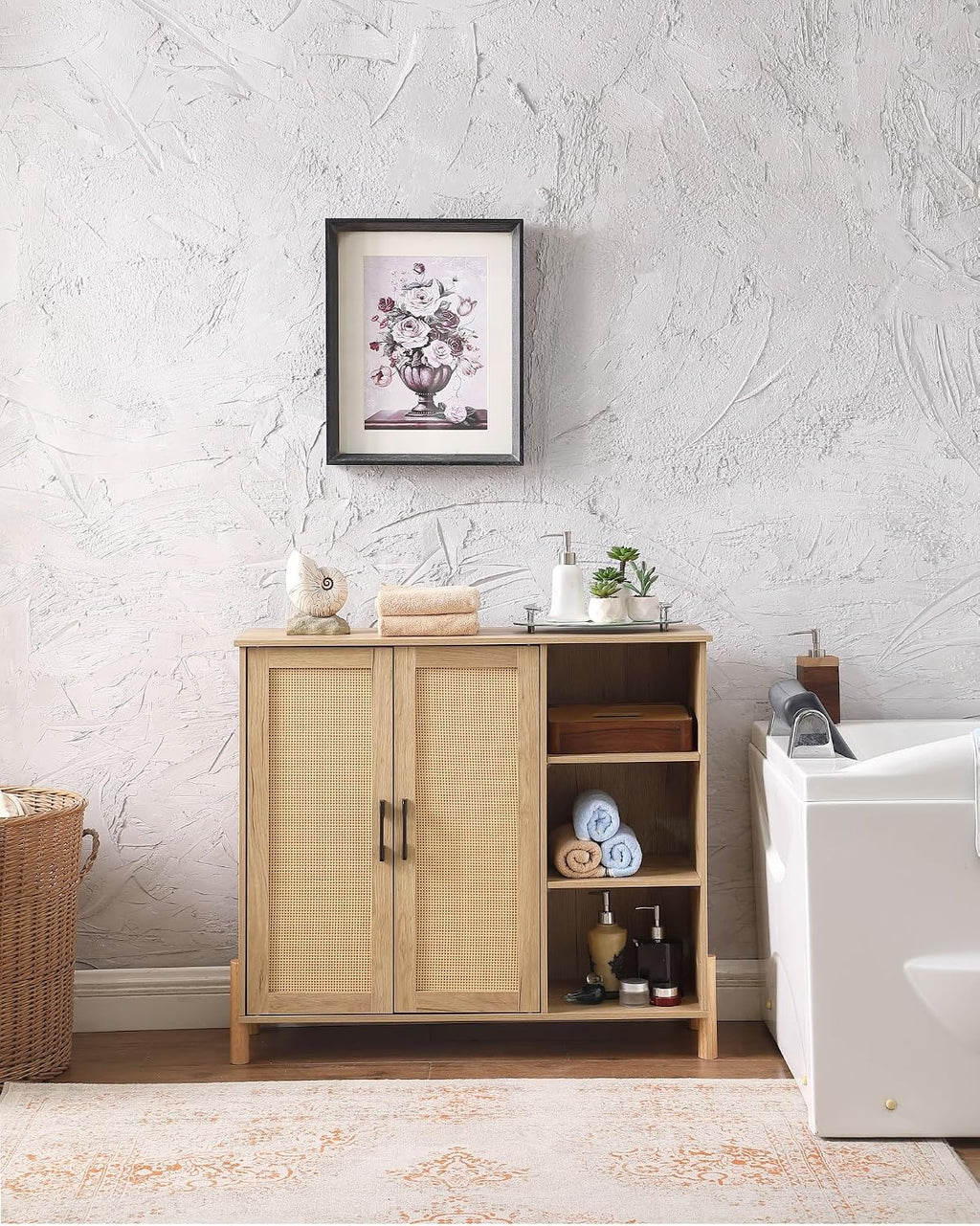 Mid-Century Modern Storage Cabinet, with Open Shelves & Adjustable Shelves, for Living Dining Room,for Kitchen Home