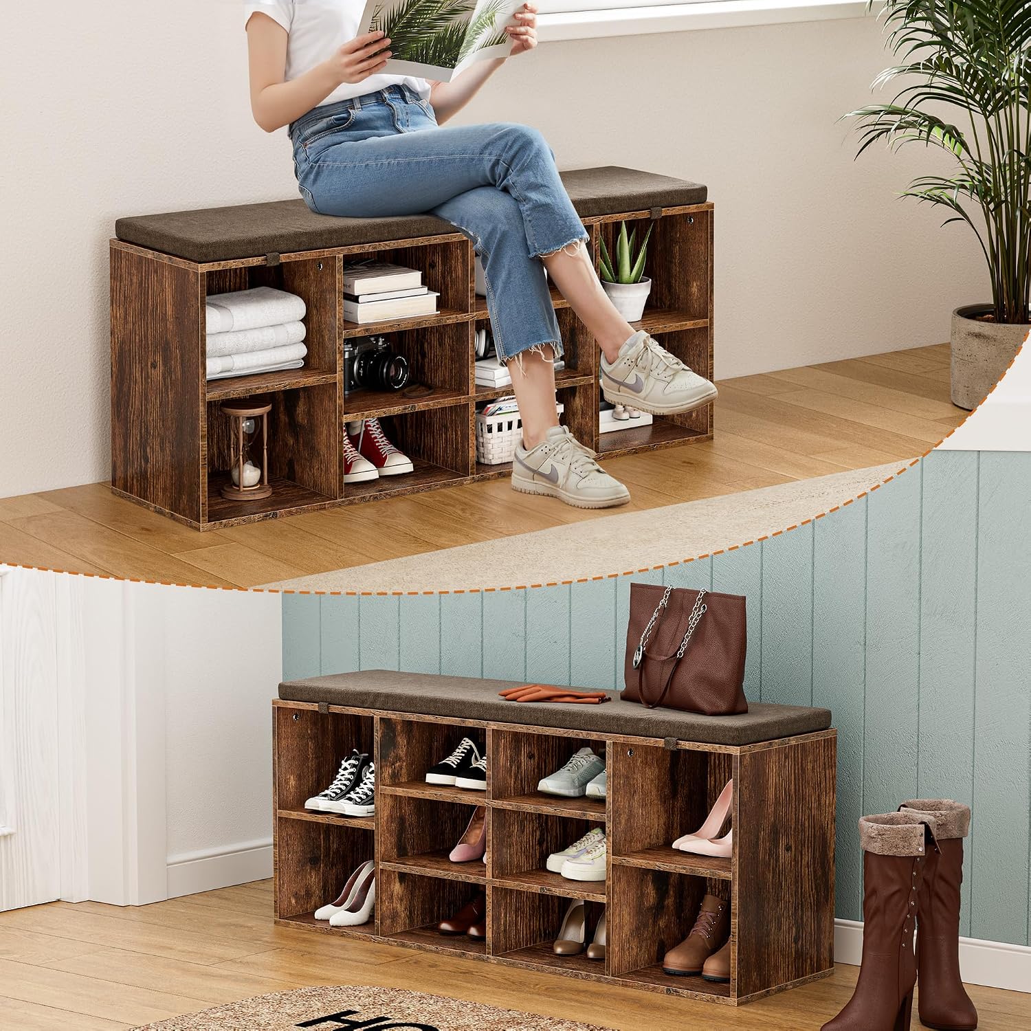 Shoe Storage Bench, 41" Entryway Organizer with Cushion, Brown | 10 compartments, heavy duty engineered wood, removable cushion, spacious family entryway organizer