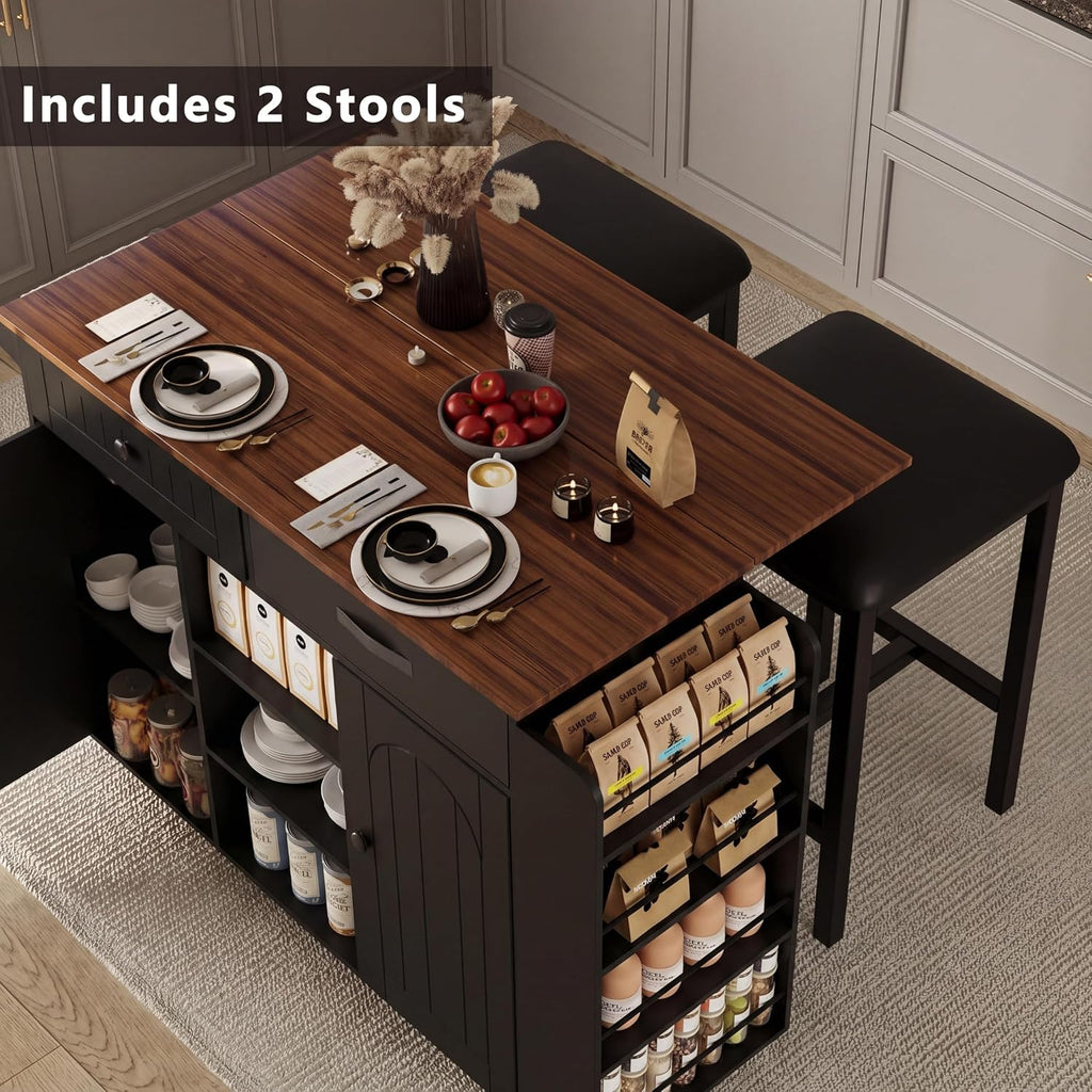 53" Length and 27.5" Width Rolling Kitchen Island with Storage, Portable Kitchen Island with Seating (Set of 2), Drop Leaf and 5 Wheels, Black